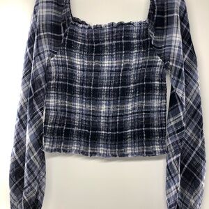 INC Off the Shoulders Ribbed Plaid Purple & Gray